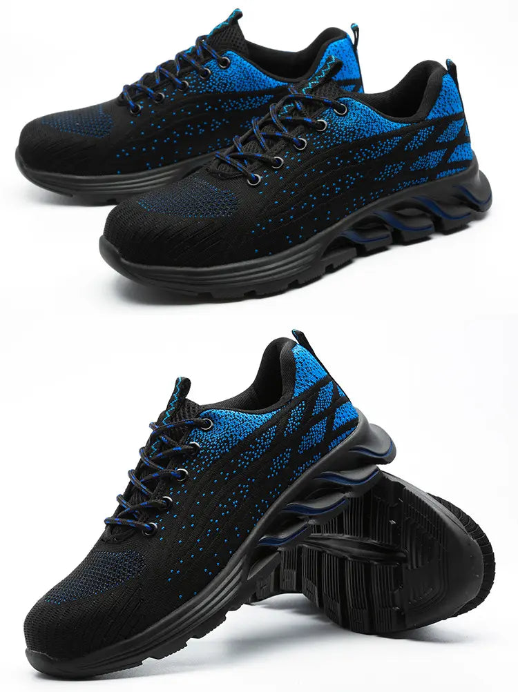 Summer Labor Insurance Shoes Men Flying Woven Breathable Safety Shoes Button Elastic Shoelaces Slip-on Work Shoes