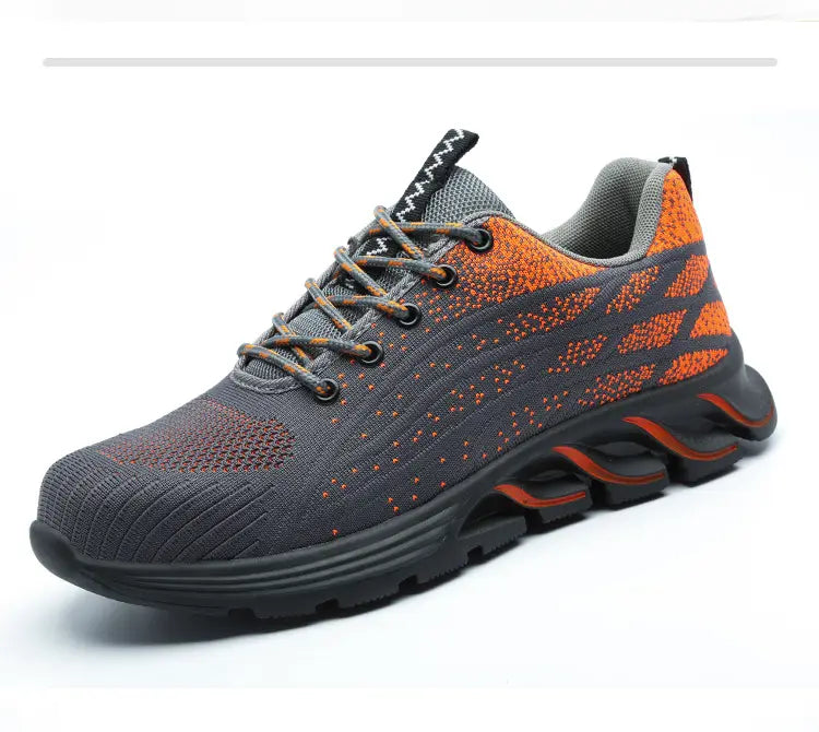 Summer Labor Insurance Shoes Men Flying Woven Breathable Safety Shoes Button Elastic Shoelaces Slip-on Work Shoes