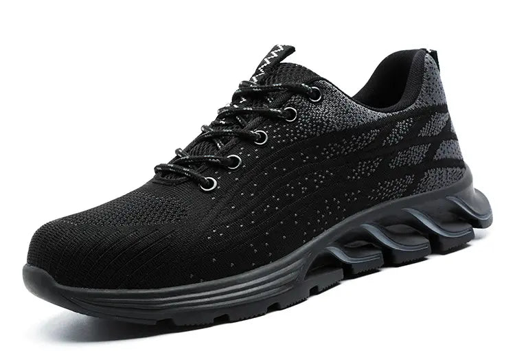 Summer Labor Insurance Shoes Men Flying Woven Breathable Safety Shoes Button Elastic Shoelaces Slip-on Work Shoes