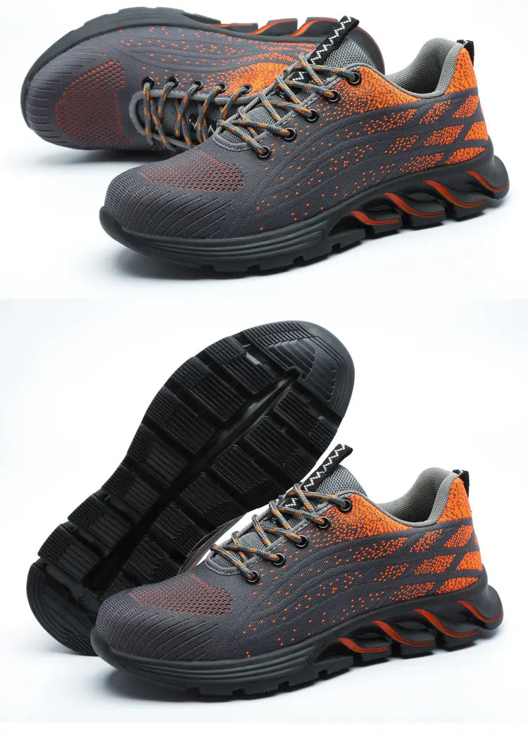 Summer Labor Insurance Shoes Men Flying Woven Breathable Safety Shoes Button Elastic Shoelaces Slip-on Work Shoes